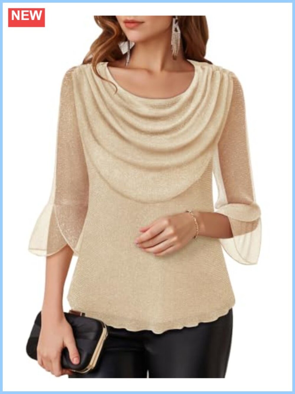 Lotusmile Women's Dressy Casual Blouse with 3/4 Sleeve Cowl Neck